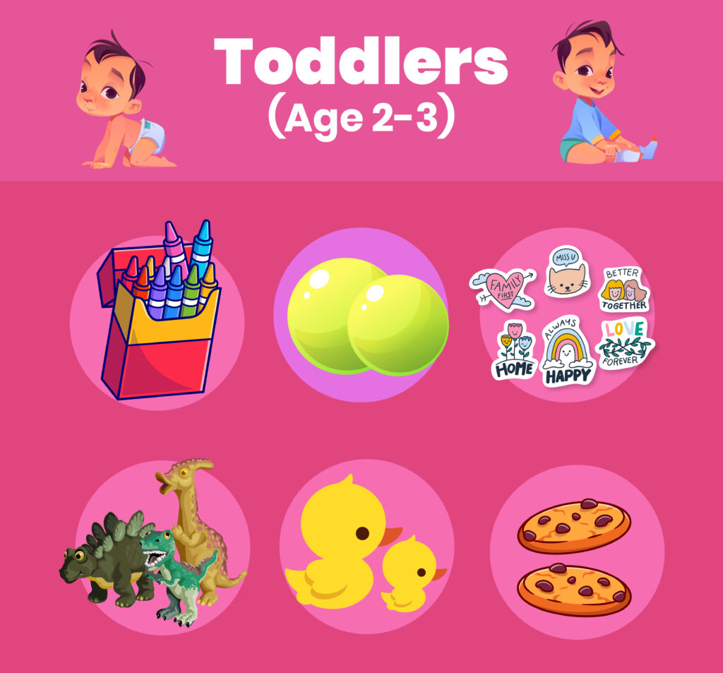 Toddler with crayons, rubber duck and cookies