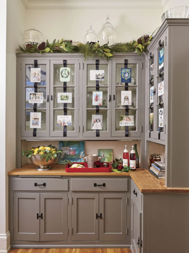 Grey cabinets with fresh magnolia garland