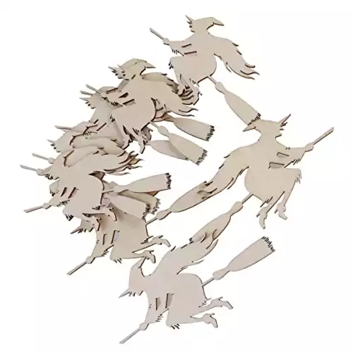 VOSAREA 10PCS Halloween Decoration Witch on The Broom Pendant with Ropes Hanging Embellishments Decotaitve Wooden Pieces Crafts Cutout Shape