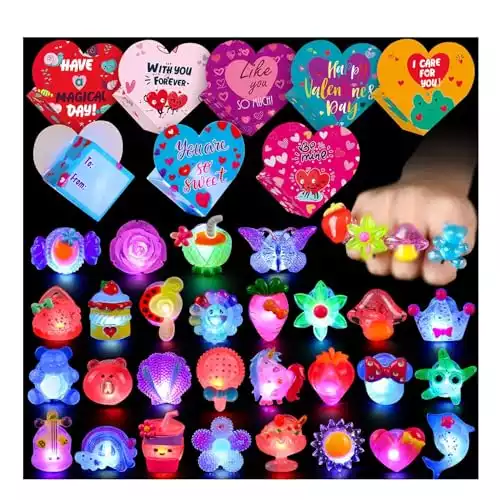FLY2SKY 28Pcs Valentines Day Gifts for Kid Valentines Party Favors for Kids Classroom Exchange Light Up Rings Gift Bag Fillers Valentine's Day Class Favors Exchange