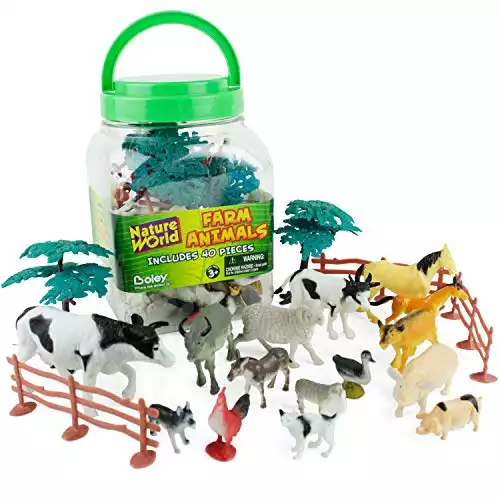 Boley Small Bucket Farm Animal Toys - 40 Piece Farm Animal Toy playset with Animals and Accessories - Small Bucket Allows for Easy Storage and Quick cleanup of Your Child's Pretend Play Toys!