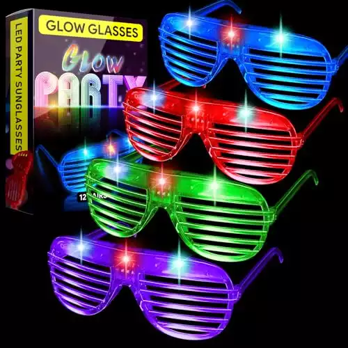 12 Pack Light Up Glasses - 4 Color Glow Glasses Party Pack, Light Up Glasses Party Favors for Kids & Adults - LED Glasses Glow in the Dark Party Supplies, Roller Skating Neon Party Light Up Sungla...