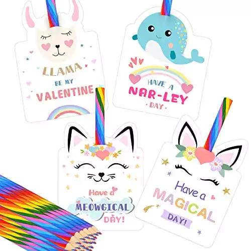 ORIENTAL CHERRY Valentines Day Gifts for Kids - Set of 24 Rainbow Pencils Unicorn Valentines - Funny Class Gifts Party Favors Valentine Day Greeting Cards Exchange Bulk for Girls Boys School Classroom...