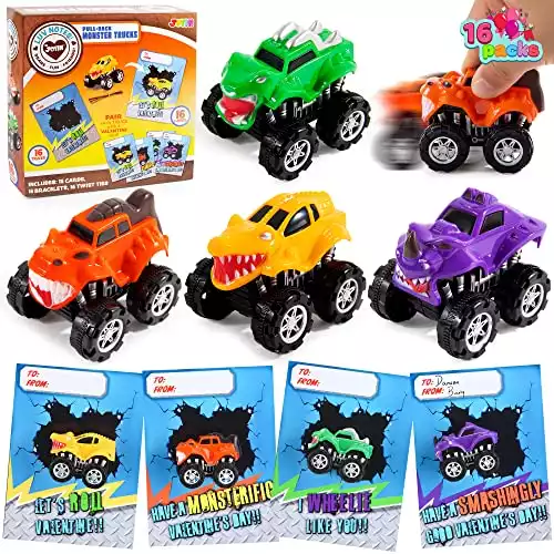JOYIN 16 Pack Valentines Day Pull Back Monster Truck Toys with Gift Cards for Kids, Valentine's Classroom Exchange Prizes Valentine Party Favor Toys